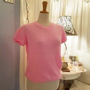 Vintage Bubble Gum Pink Top / Mod / V-Neck / Medium